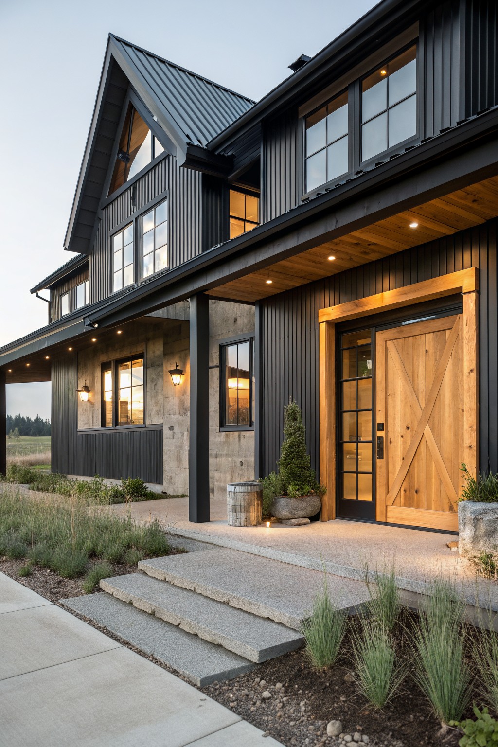 Modern farmhouse exterior with black metal siding, a large wooden entry door, concrete steps, and mixed windows under a covered porch.