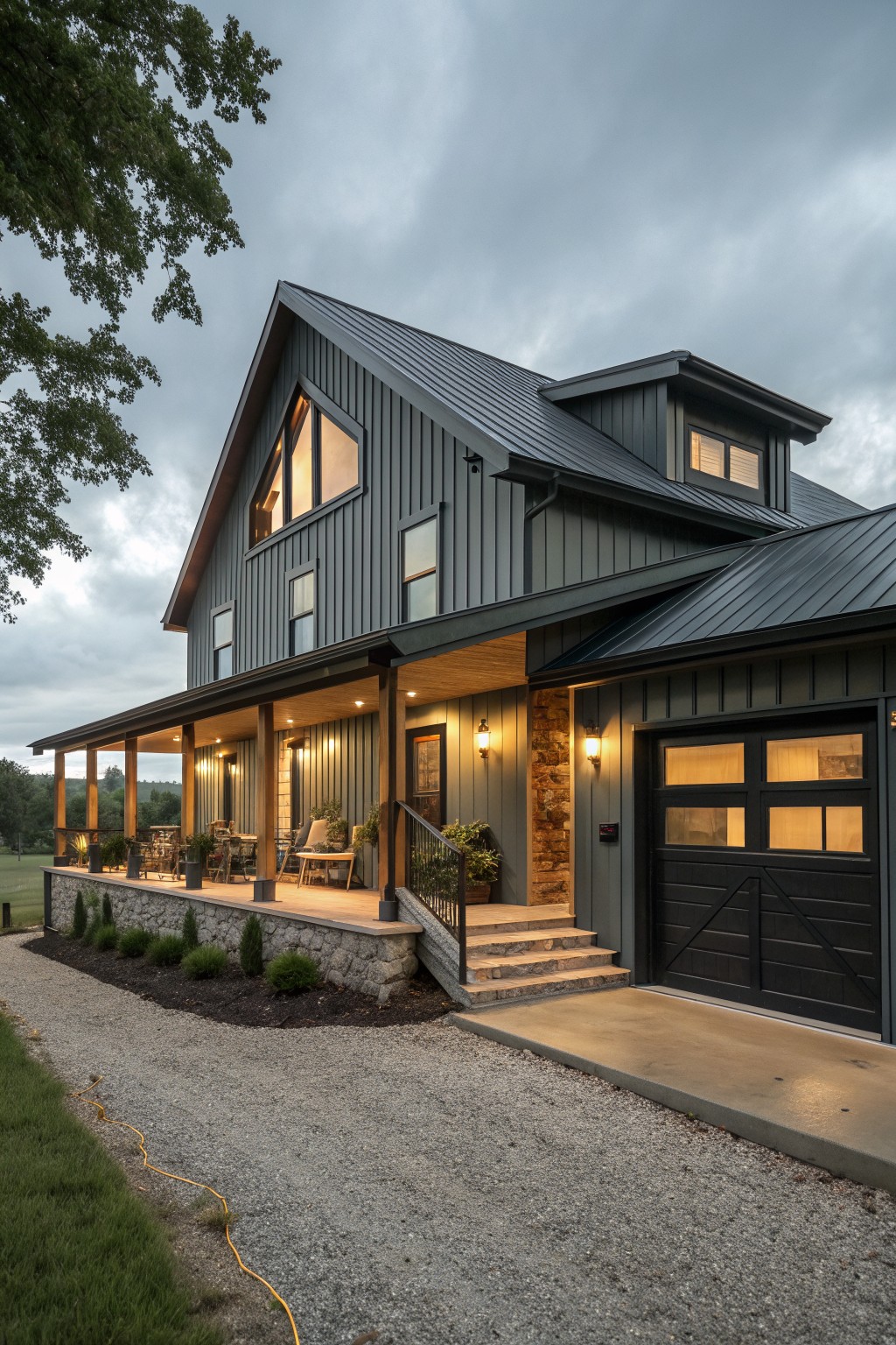 A two-story dark gray metal-sided house with black metal roof, wooden porch posts, stone foundation, and attached garage at dusk.