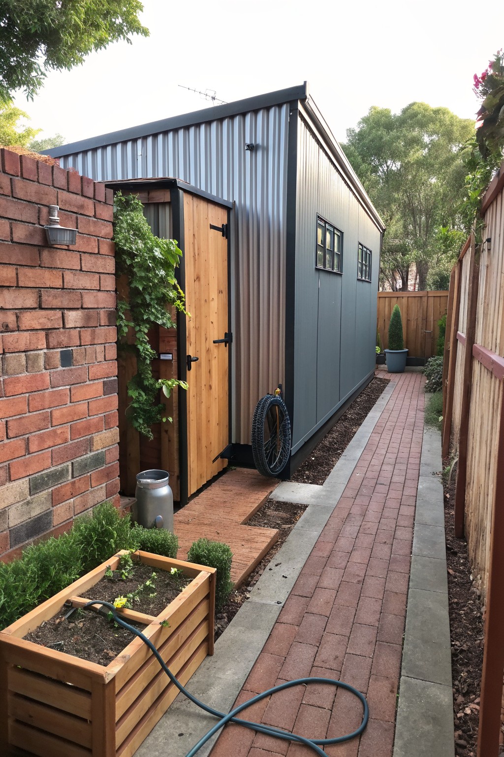 A gray metal building with a wooden door is positioned next to a brick wall, with a wooden planter box and brick pathway in the foreground.