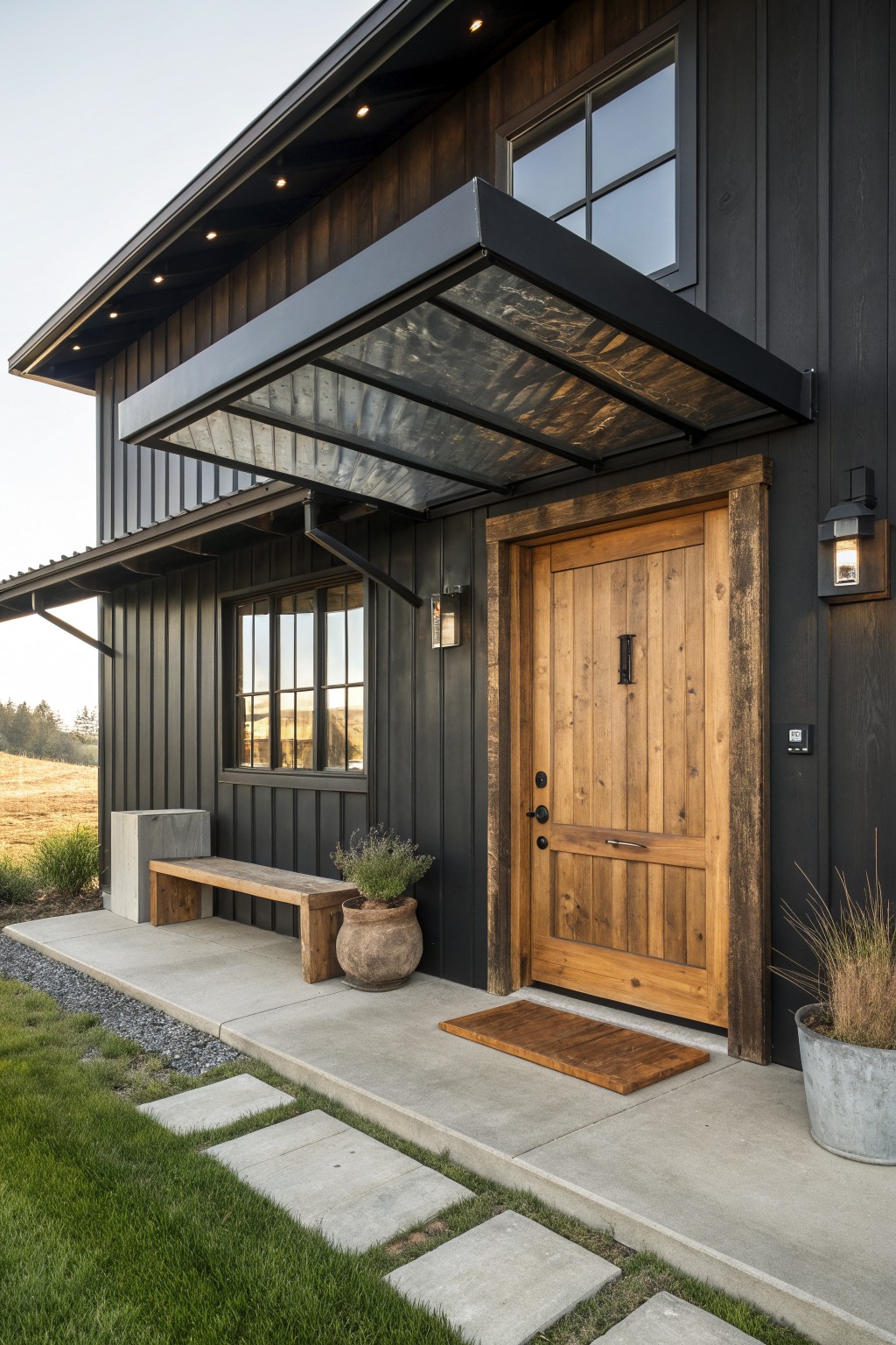 A modern farmhouse exterior with dark vertical metal siding, a large wooden front door under a metal awning, and a concrete porch area.