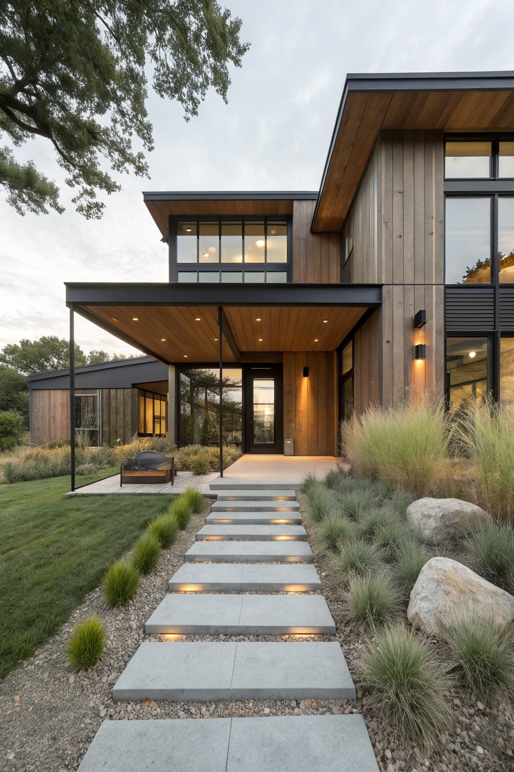 Modern two-story house with vertical wood siding, a large metal overhang with wood ceiling over the entry, black-framed windows, concrete steps with lights, and landscaping with tall grasses and rocks.