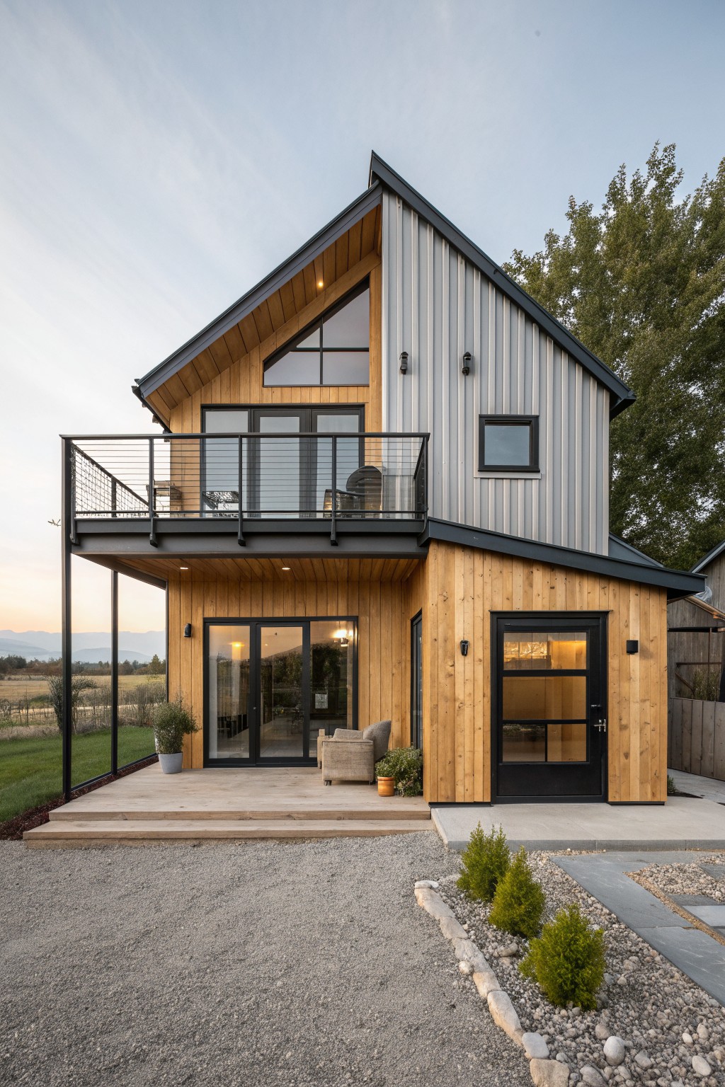 A two-story house exterior showing gray vertical metal siding on the upper portion and natural wood siding below, with a second-floor balcony and black-framed glass doors.
