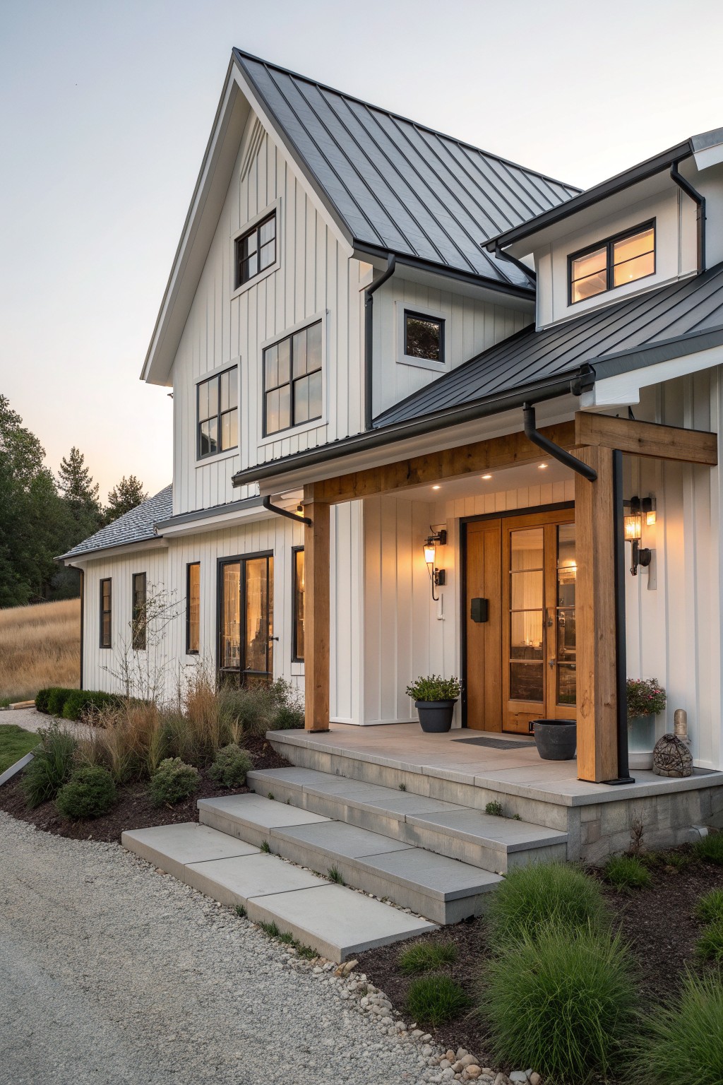 White farmhouse exterior with dark metal roof, wood porch posts, and covered entry with double doors.