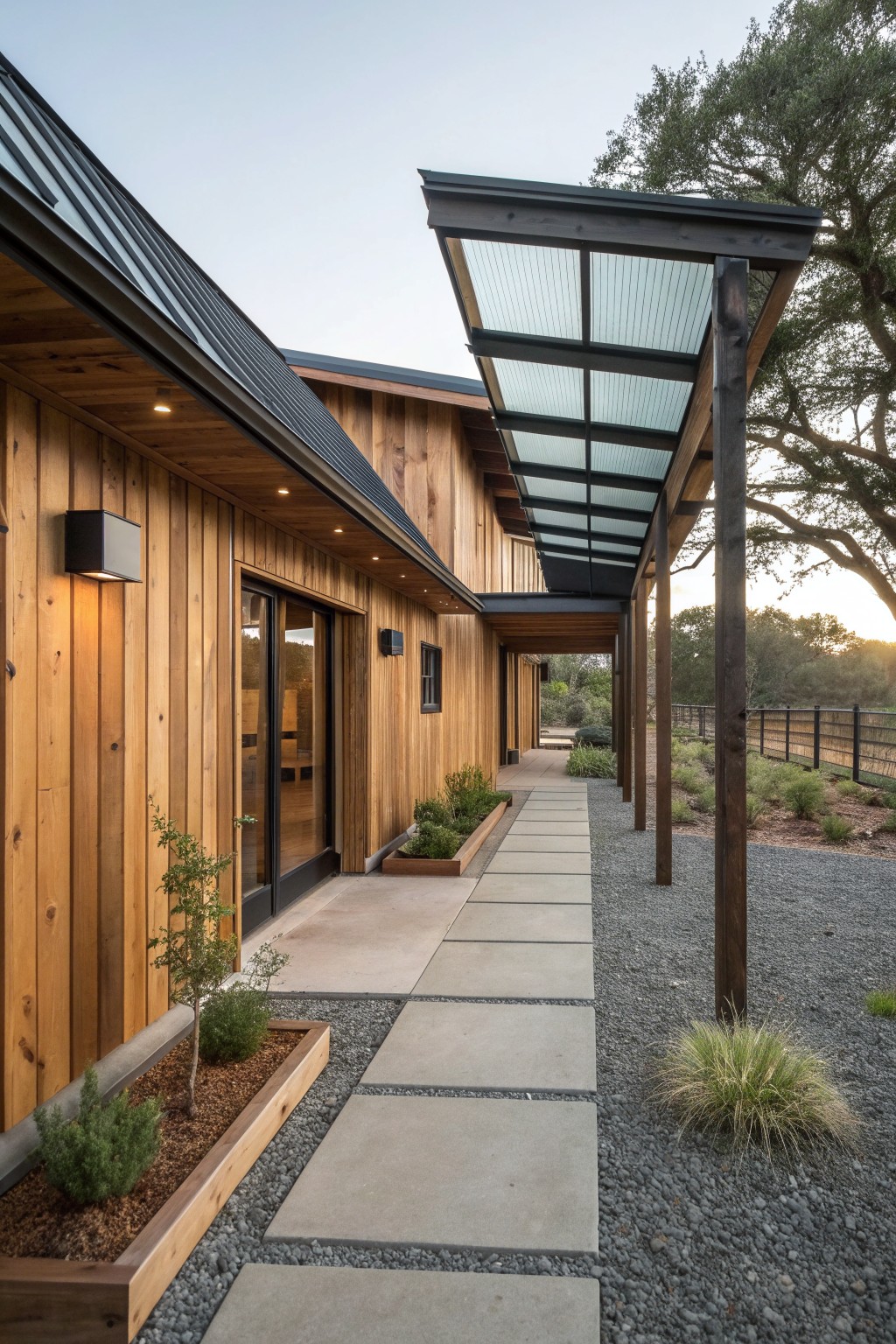 A modern farmhouse exterior with horizontal wood siding, a dark metal roof, and a glass-covered walkway supported by wooden posts, lined with concrete pavers and gravel.