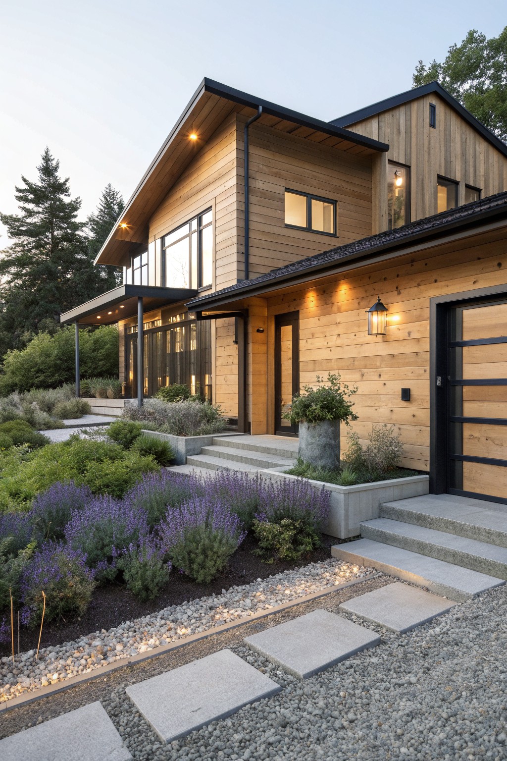 A two-story house with light wood siding, black metal roof trim and garage door, large windows, concrete steps, and a gravel path with pavers in front.