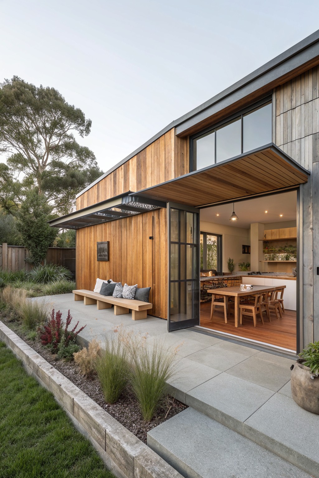 A modern house exterior features horizontal wood siding, dark metal roof trim and overhang, a large open sliding door, and a concrete patio with a bench and landscaping in the foreground.