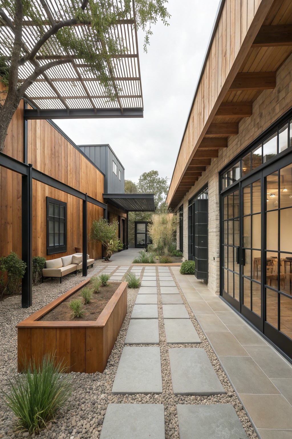 A gravel courtyard with concrete pavers leads between buildings finished in horizontal wood siding, black metal window frames, and a metal roof section.