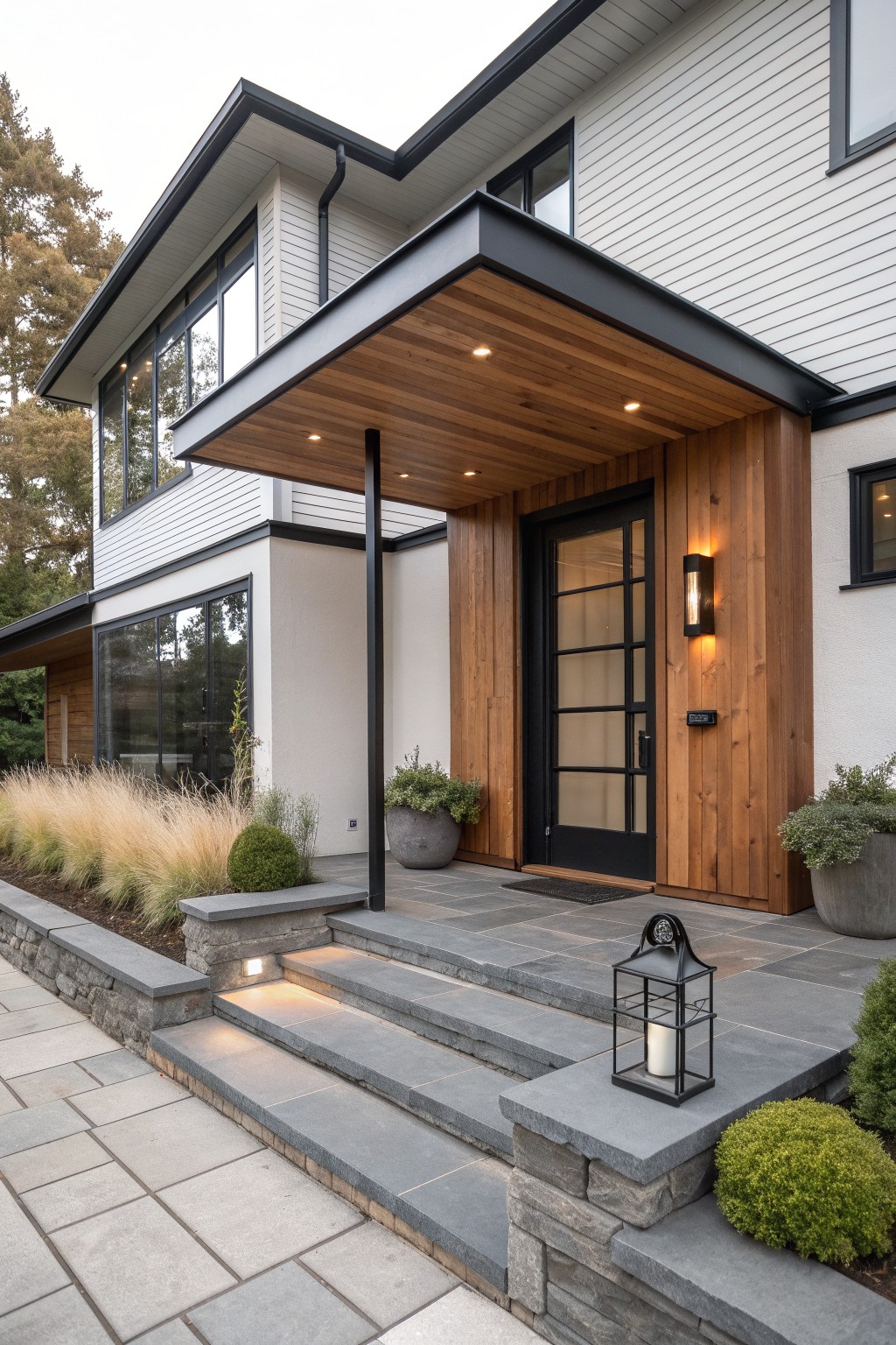 Modern house exterior featuring white siding, black window frames, vertical wood cladding around a black door, and a covered entry with wood ceiling and recessed lighting.