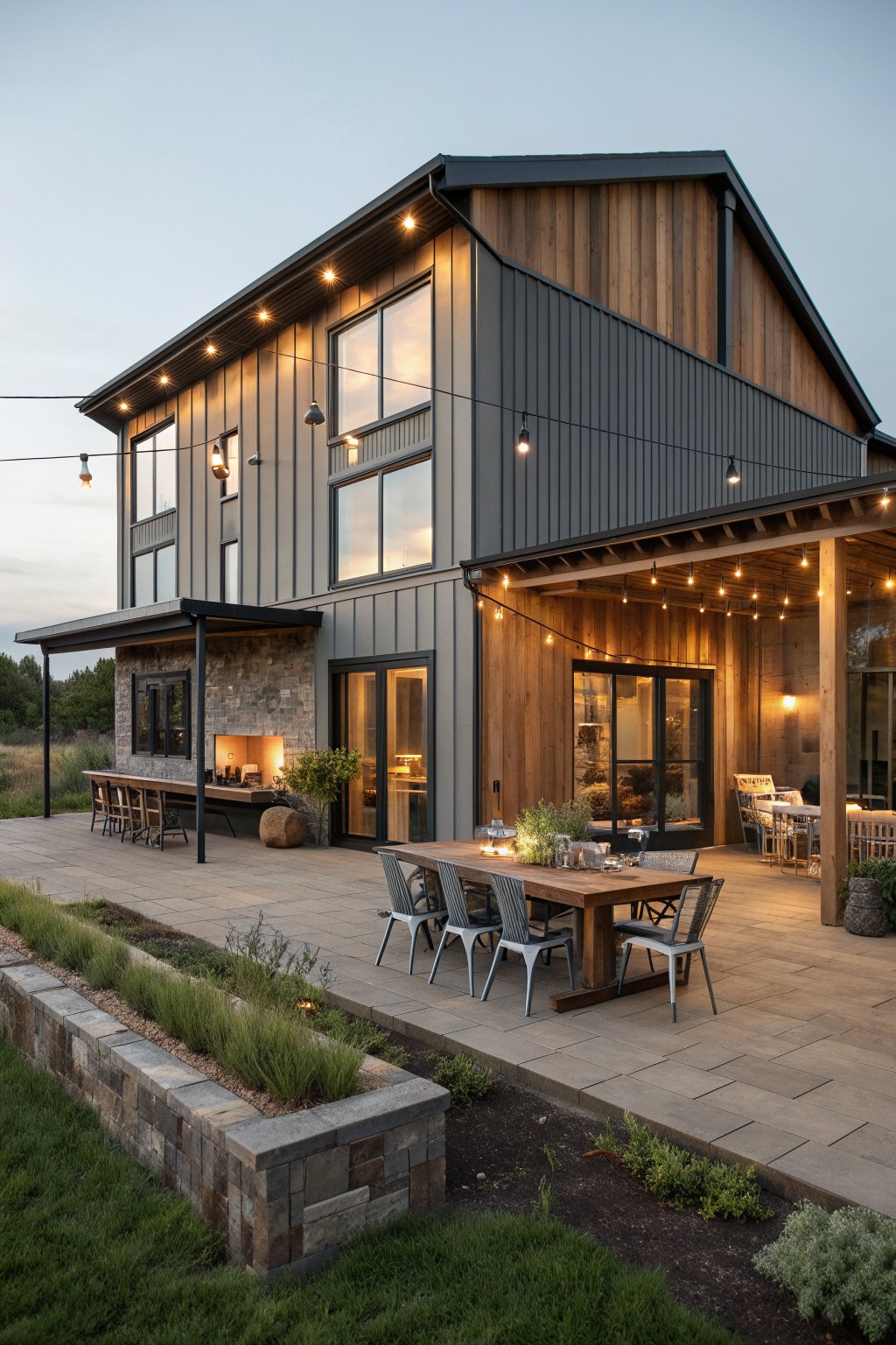Modern two-story home with wooden siding, patio dining area, and string lights