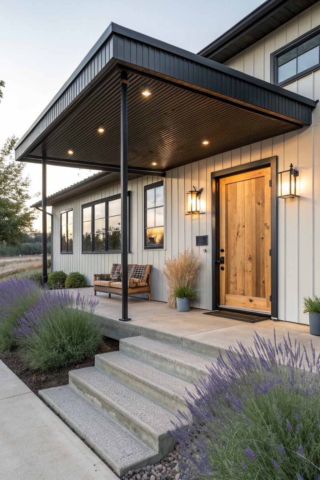 A single-story house exterior with light vertical siding, a black metal roof overhang supported by posts, a wooden front door, and concrete steps lined with purple flowers.