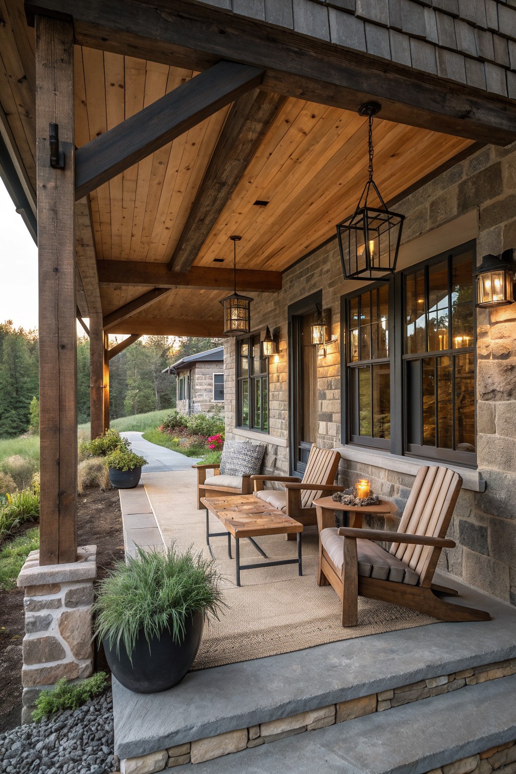 A covered porch with stone walls, wooden ceiling beams, two wooden armchairs, a coffee table, a rug, and black metal lanterns hanging from the ceiling.