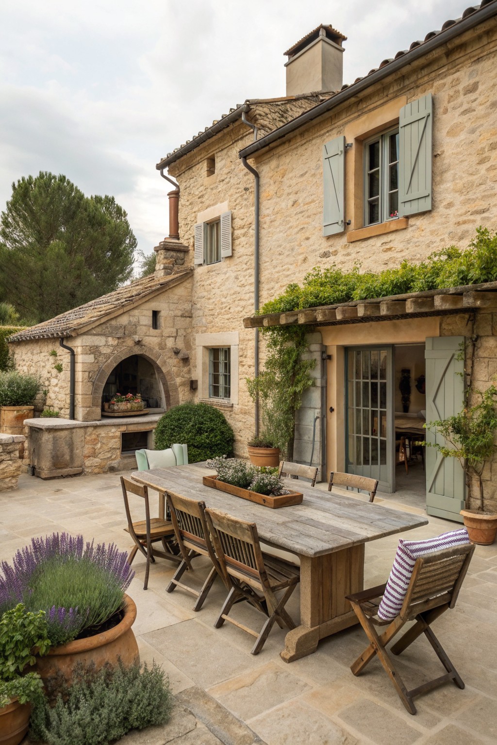 Stone patio with wooden dining table, chairs, and potted lavender by rustic house