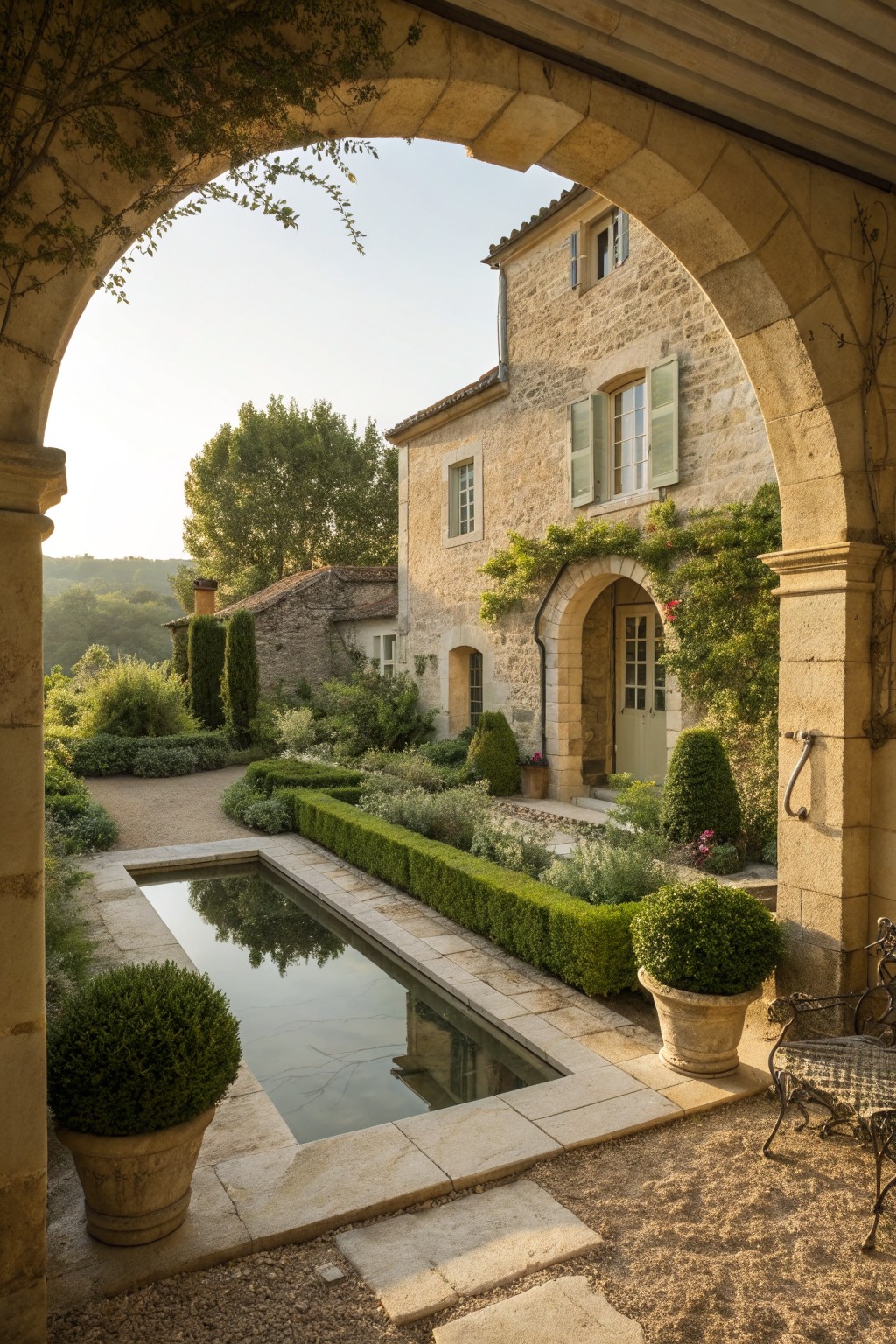A view through a large stone archway toward a rustic stone house with green shutters, a light-colored door, and a long rectangular reflecting pool bordered by clipped hedges and potted shrubs.