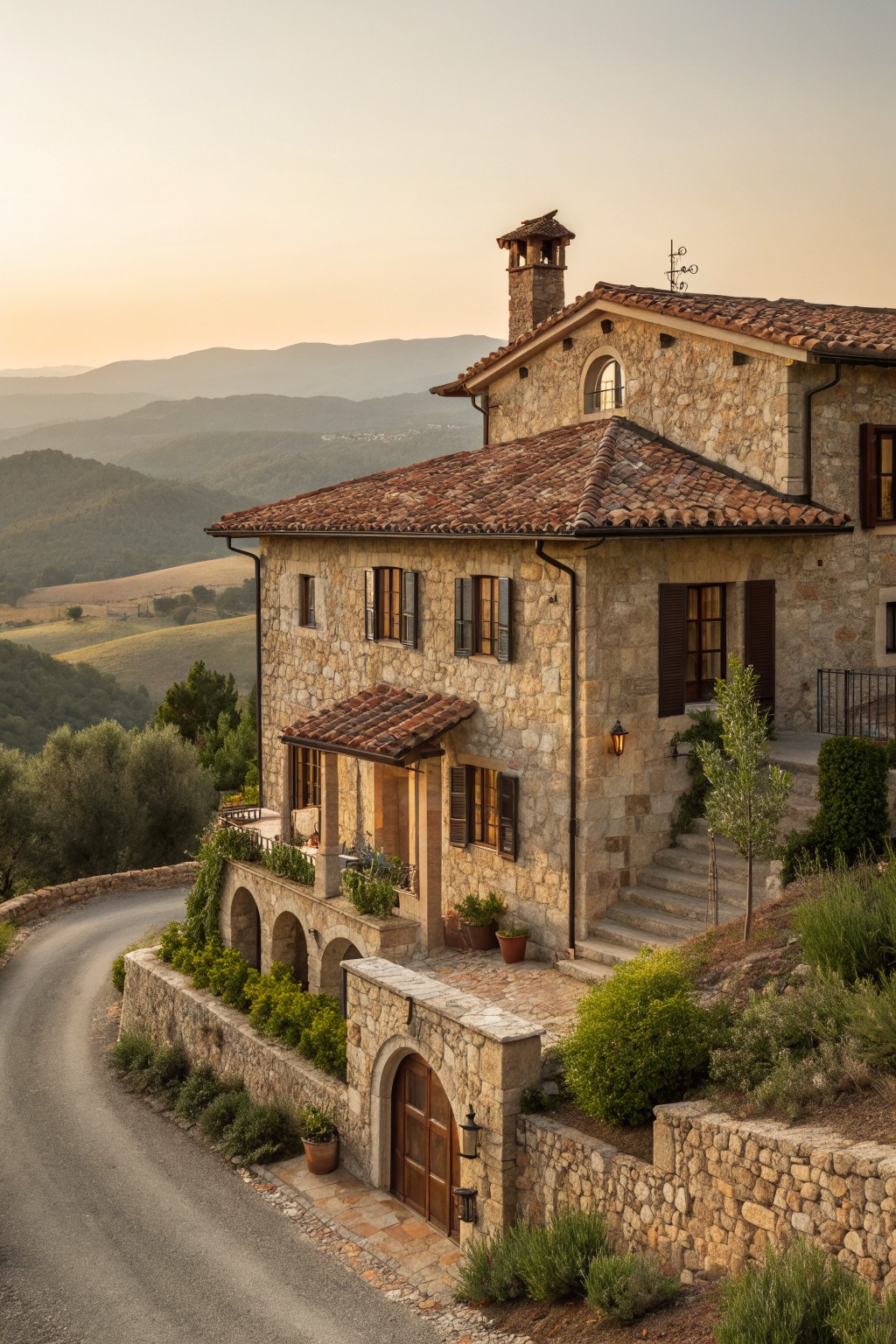 A stone farmhouse exterior with terracotta tile roofs, dark wooden shutters, a small arched entry, and surrounding stone walls and landscaping.