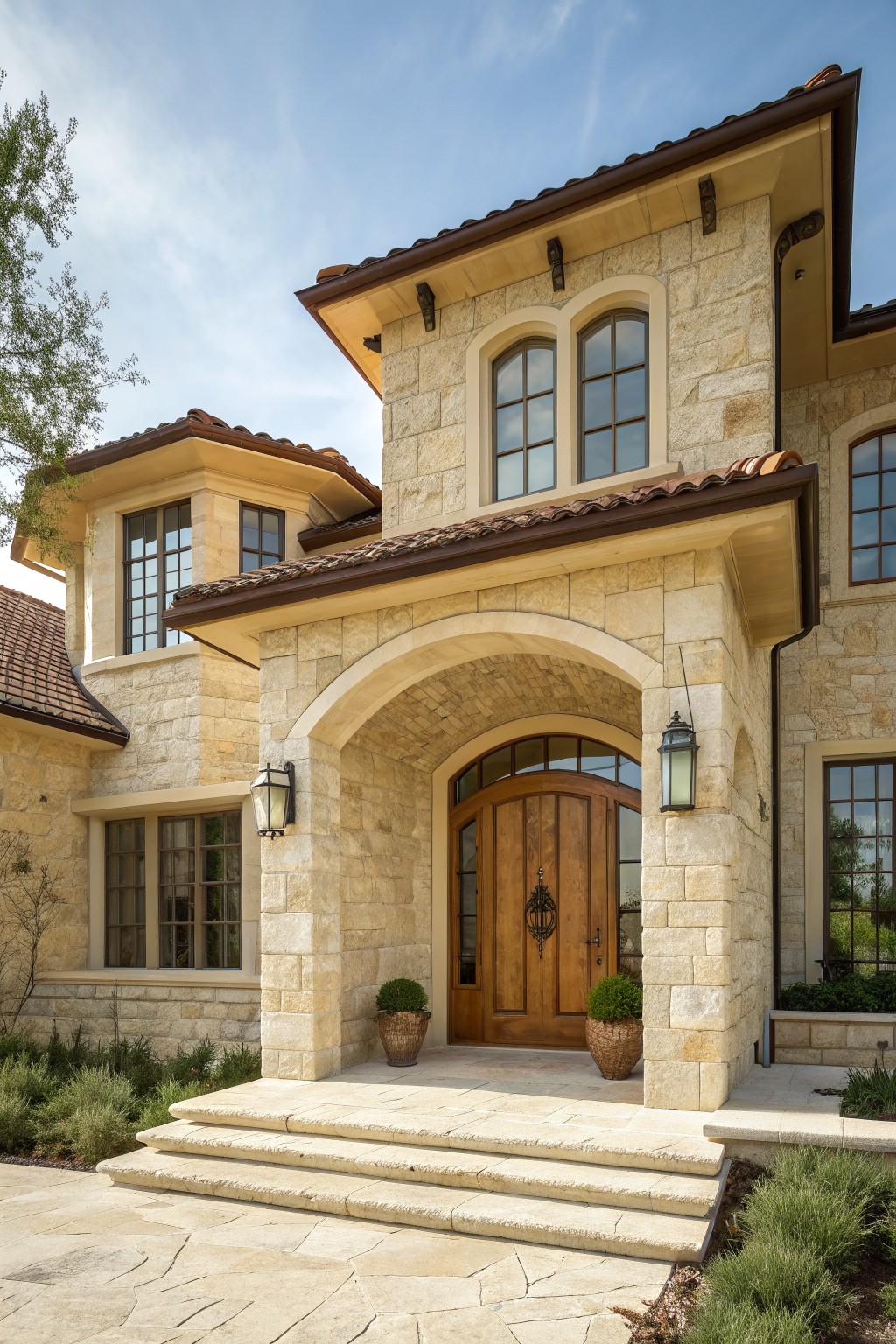 Stone house with arched wooden doors, windows, lanterns, and potted plants on steps