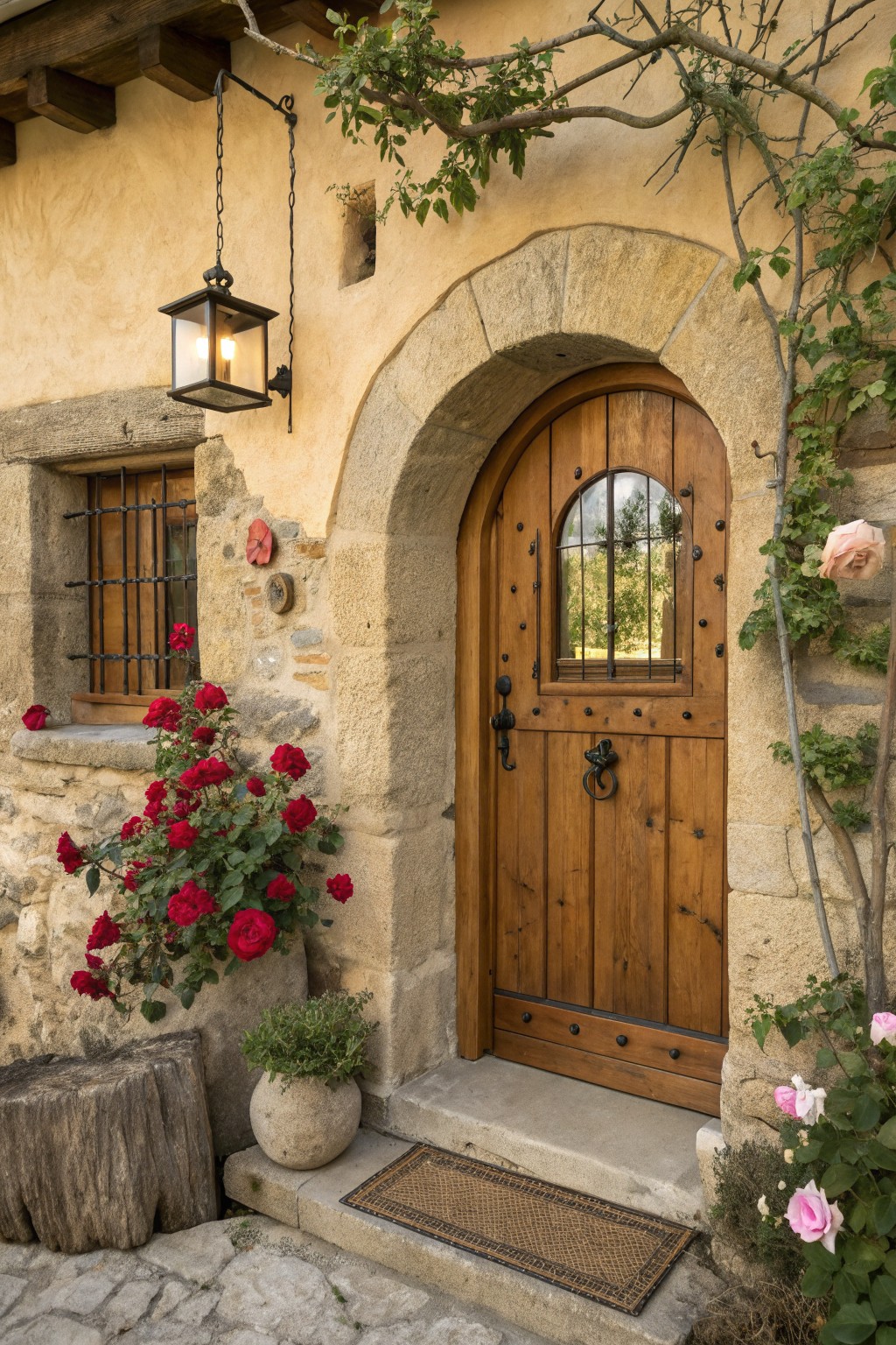 Rustic arched wooden door in stone wall with red roses and hanging lantern
