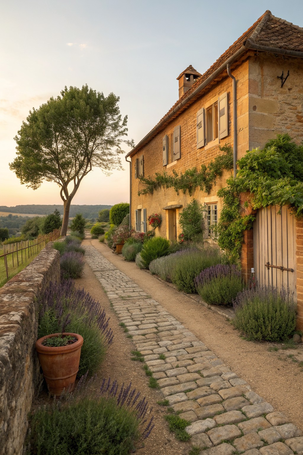 A narrow cobblestone path runs beside an aged stone farmhouse, lined with lavender and low shrubs under warm evening light.