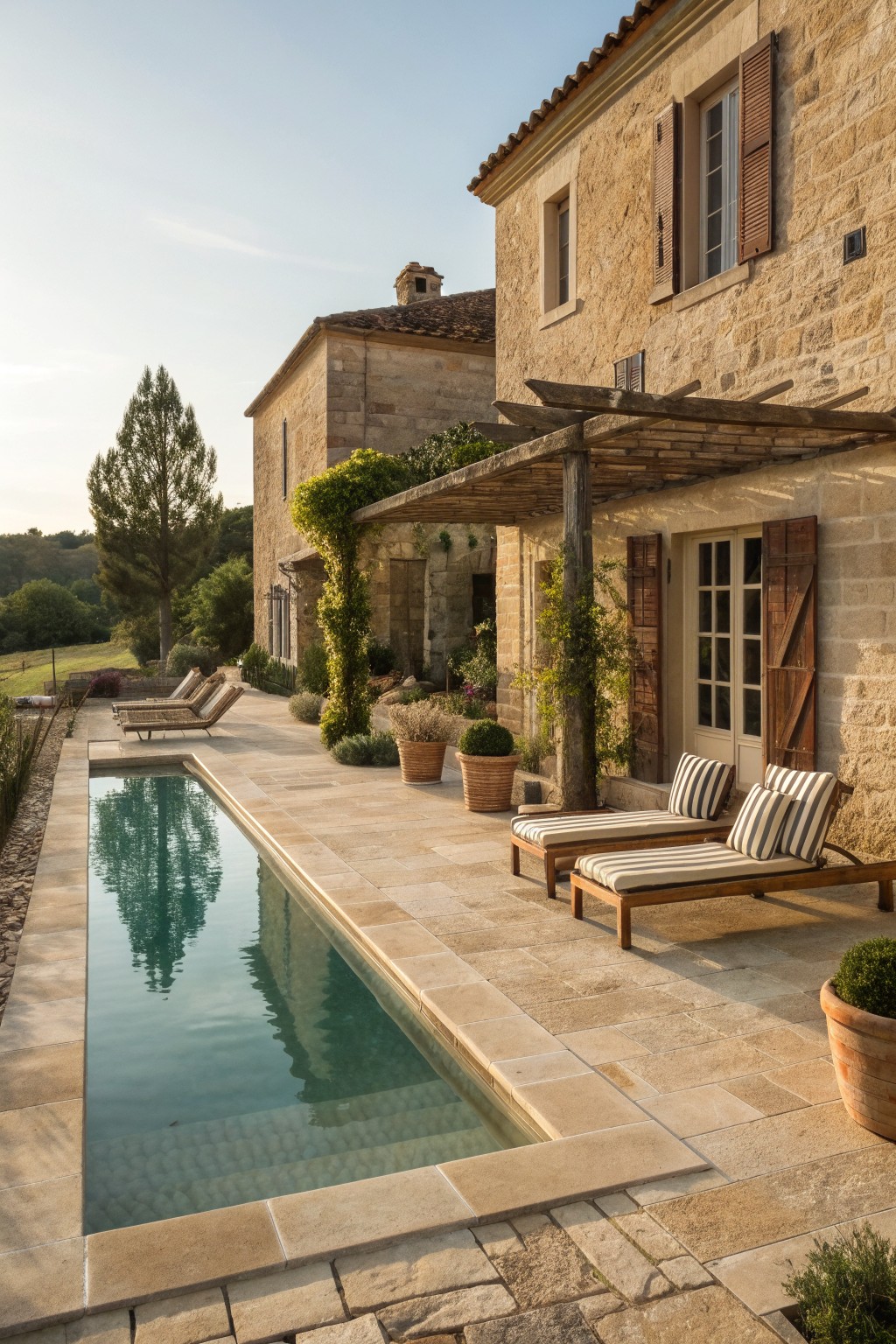 A long pool with stone edging runs beside a stone house, with two wooden lounge chairs placed under a wooden pergola on the patio.