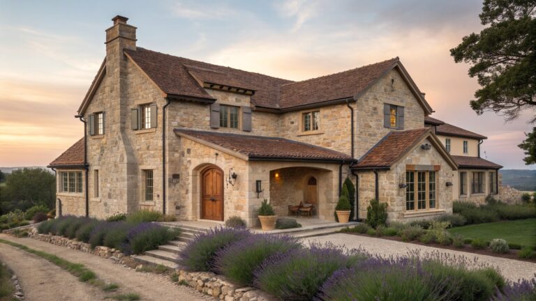 Stone farmhouse exterior with arched wooden doors, wooden shutters, and a paved walkway lined with lavender and shrubs.