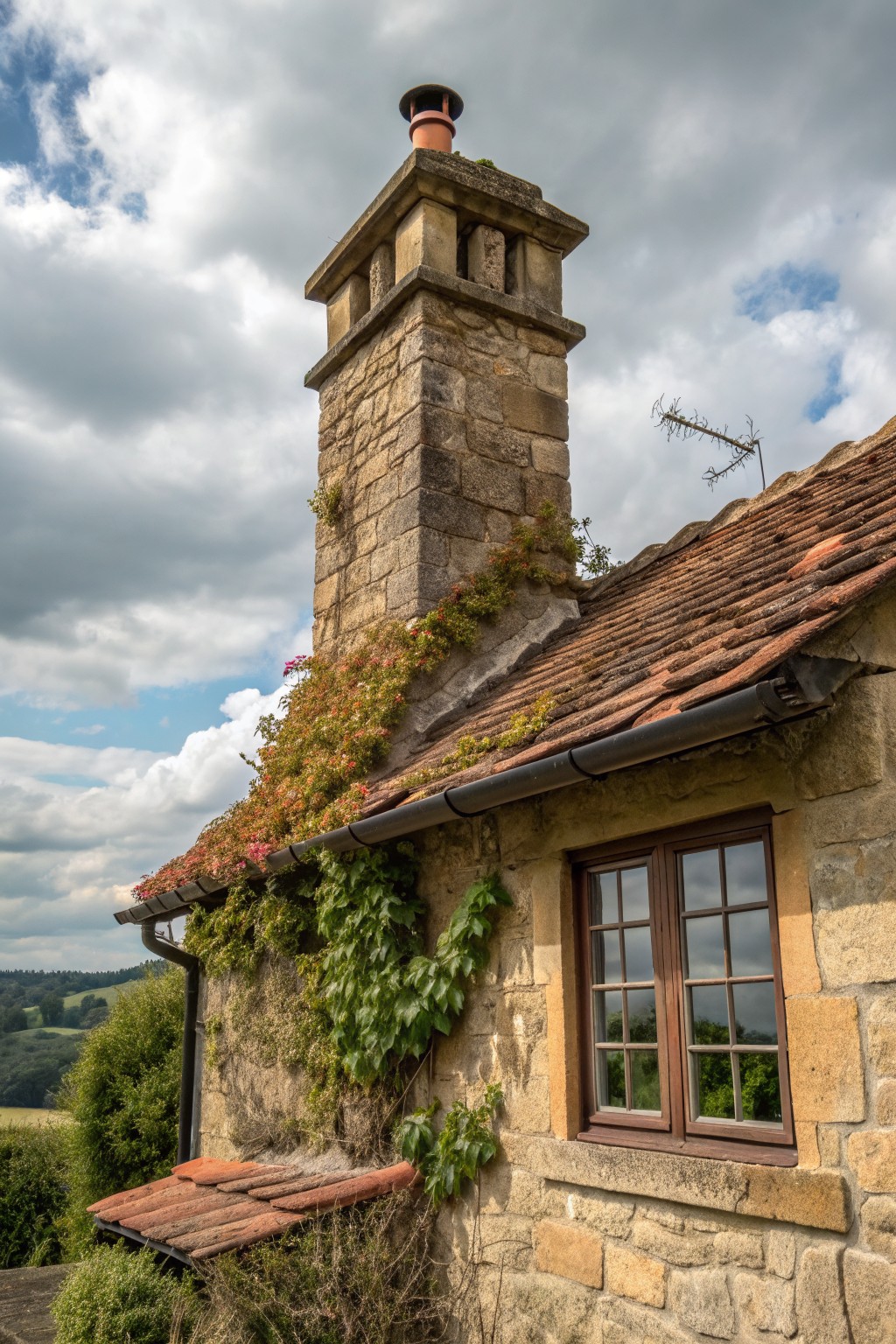 A stone house exterior shows a tall chimney covered in climbing vines with pink flowers, a terracotta tile roof, and a wooden window on the right side.