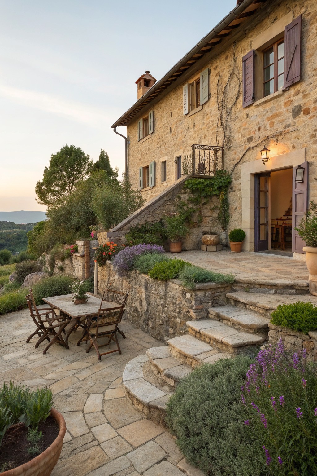 A stone farmhouse exterior with a paved terrace, wooden dining table and chairs, stone steps leading to an open doorway, and potted plants along low stone walls.