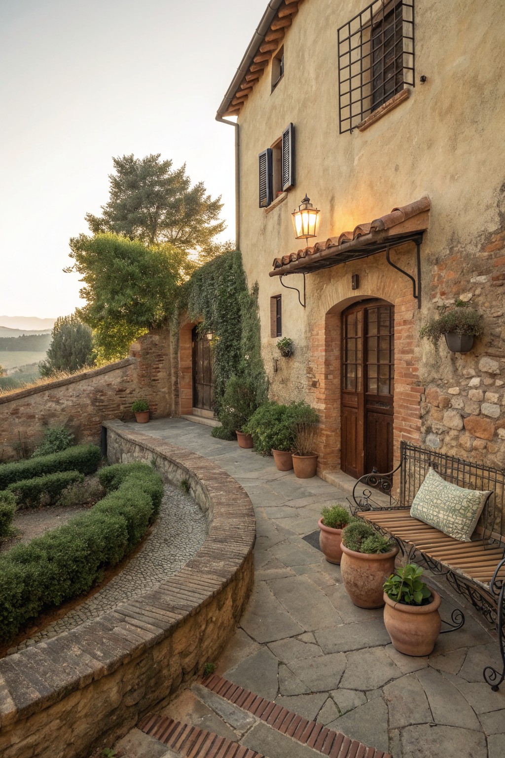 A rustic stone farmhouse exterior with a wooden arched door, terracotta pots, a metal bench, and a curved stone pathway.