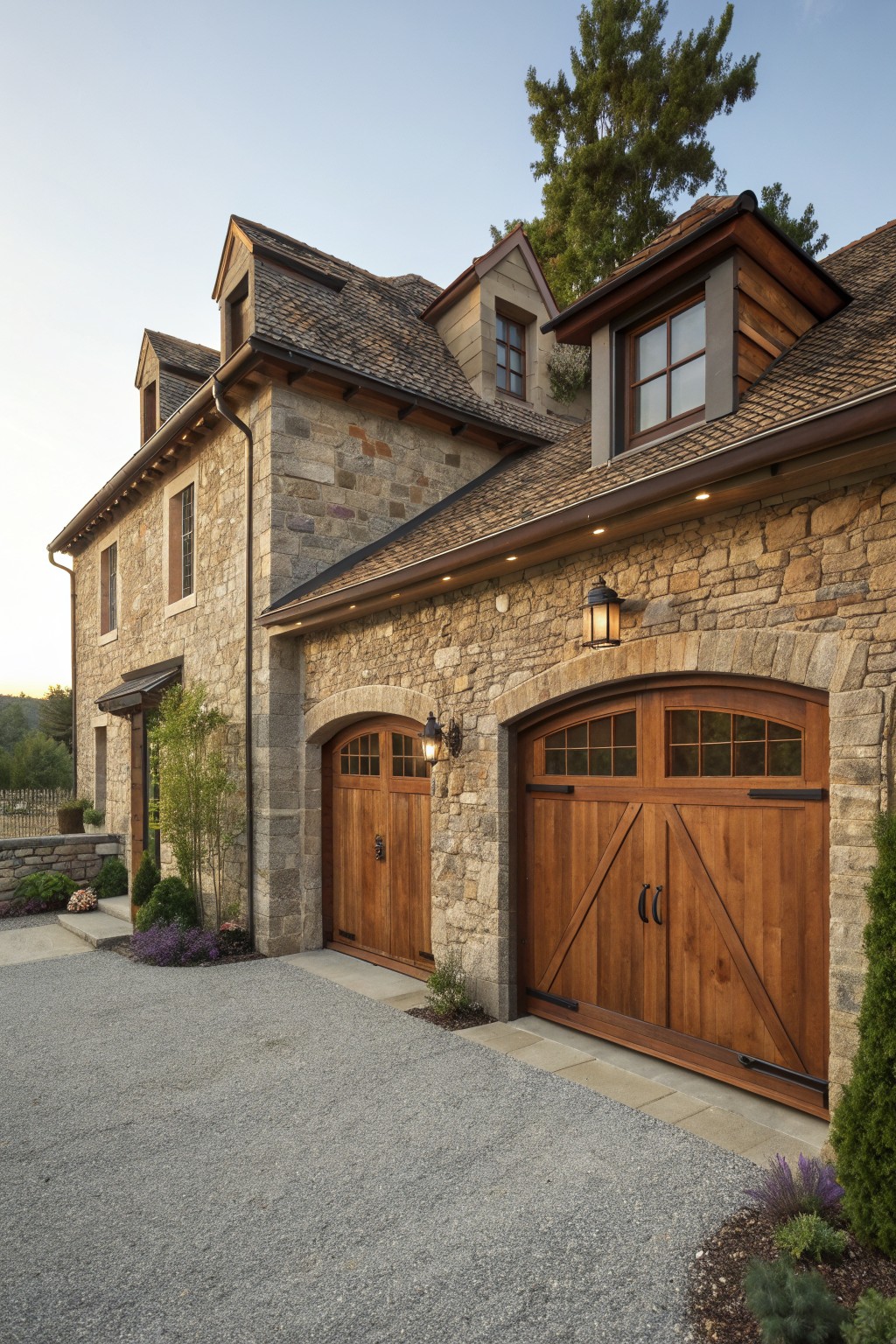 Stone house exterior with two wooden garage doors, dormer windows, and a gravel driveway.