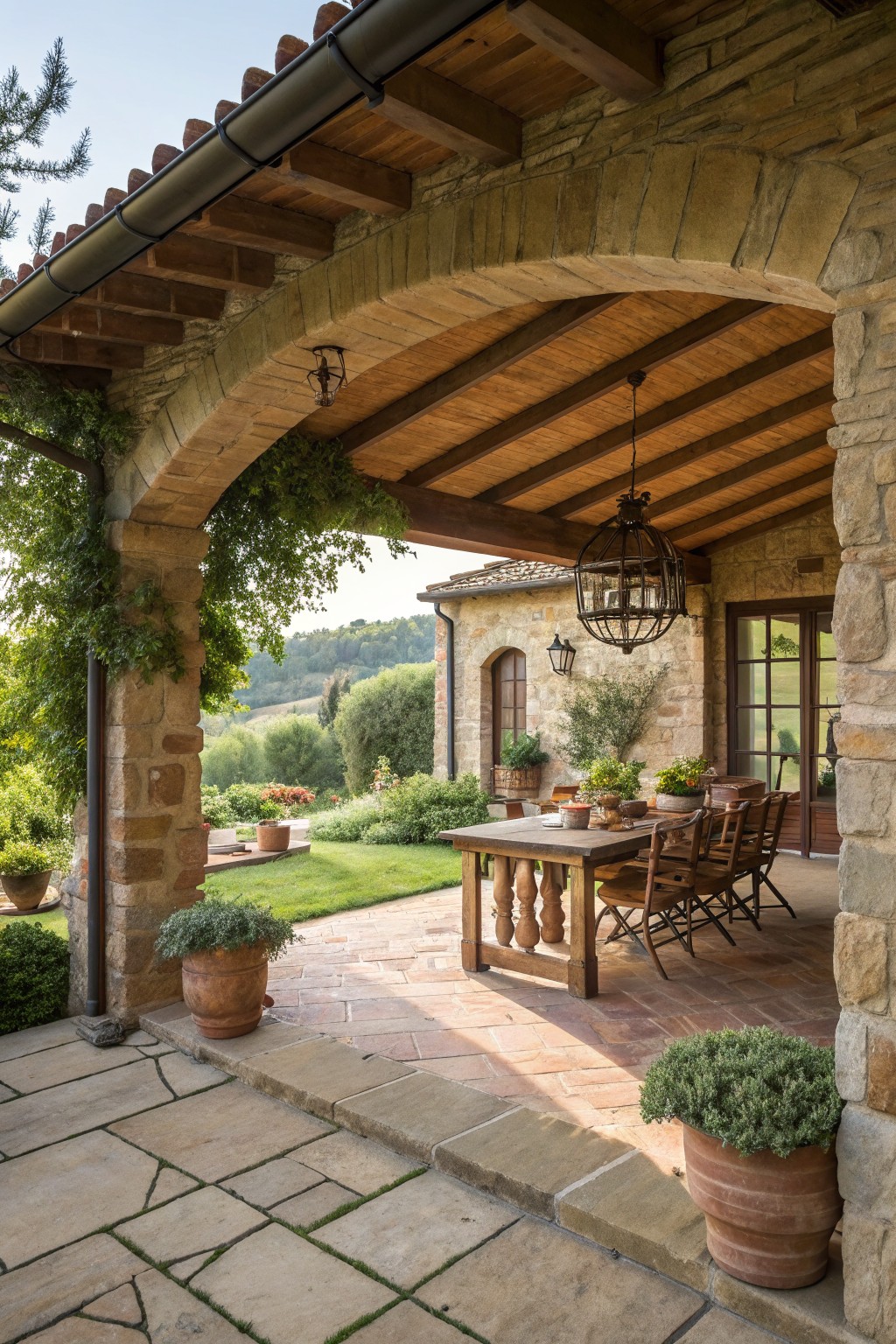 A stone farmhouse patio with a wooden dining table and chairs positioned under a large arched ceiling, surrounded by potted plants and overlooking a garden.