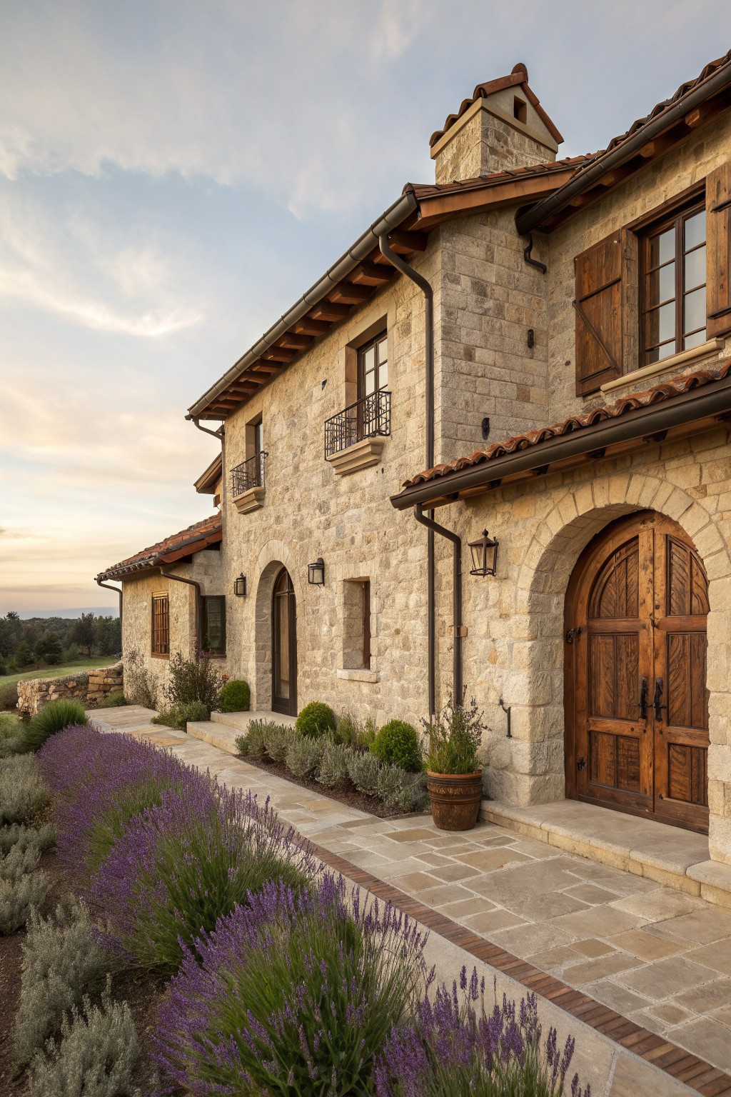 Stone farmhouse exterior with arched wooden doors, wooden shutters, and a paved walkway lined with lavender and shrubs.