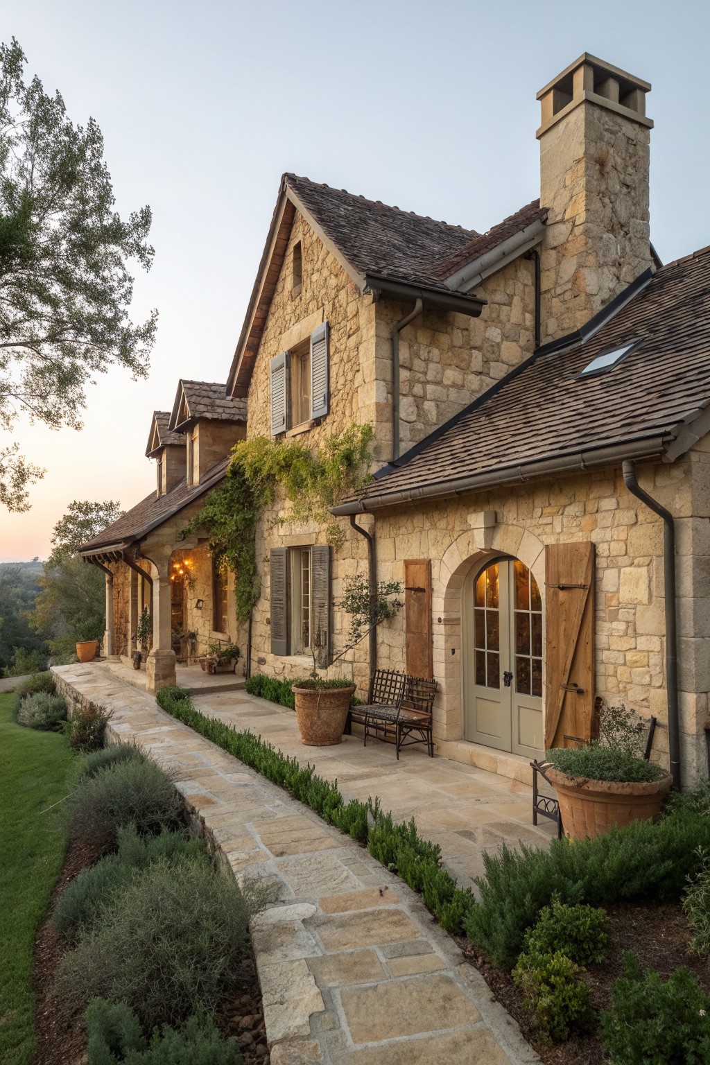 Stone house with chimney, arched door, shutters, patio bench and potted plants