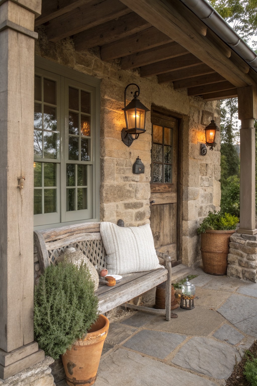 A stone house exterior with a wooden door, multi-pane window, wall lanterns, and a weathered wooden bench with cushions on the porch.