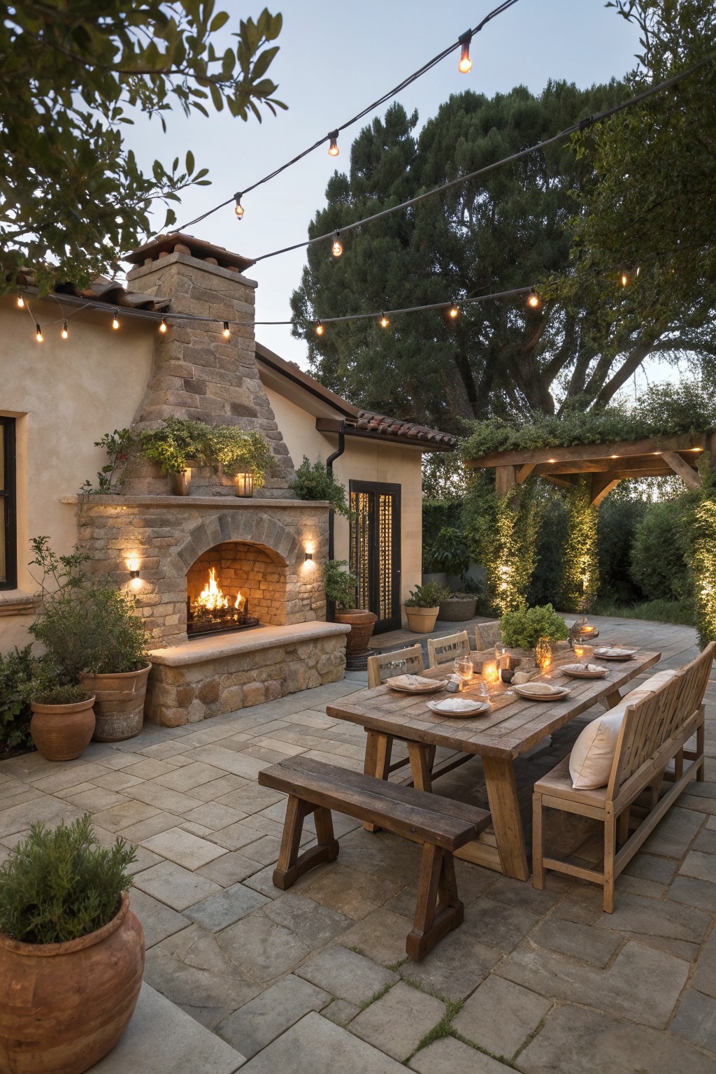 A stone patio with a long wooden dining table set for a meal next to a lit stone fireplace, string lights overhead, and potted plants along the edges.