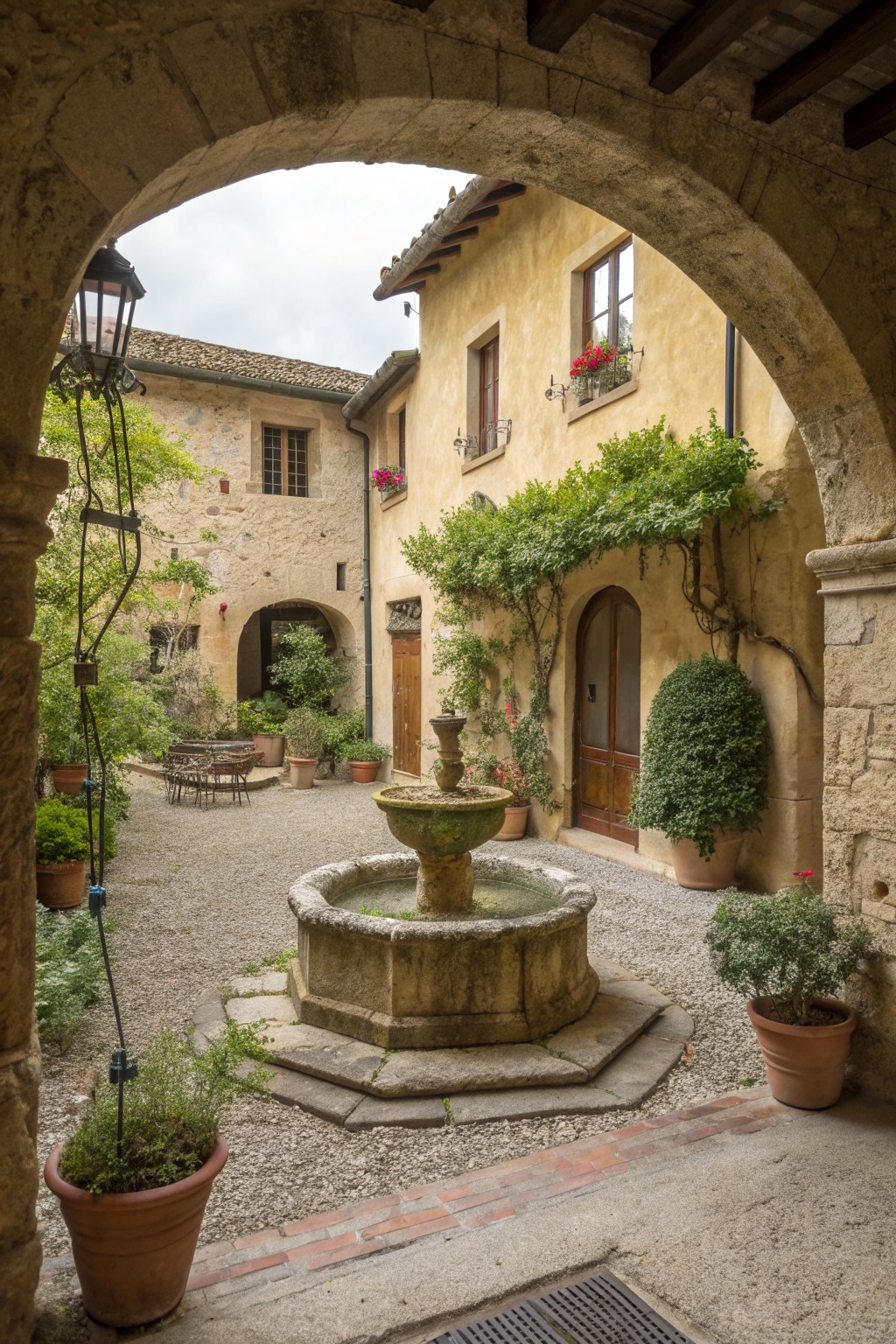 Stone fountain in gravel courtyard with potted plants, viewed through stone arch.