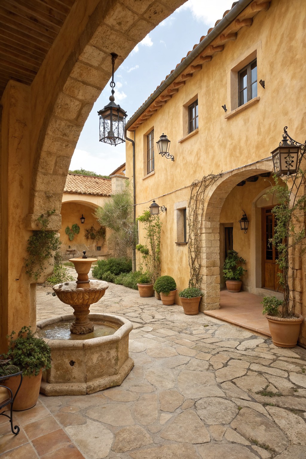 A stone fountain sits in the center of a flagstone courtyard next to a yellow stucco house with arched doorways and potted plants.