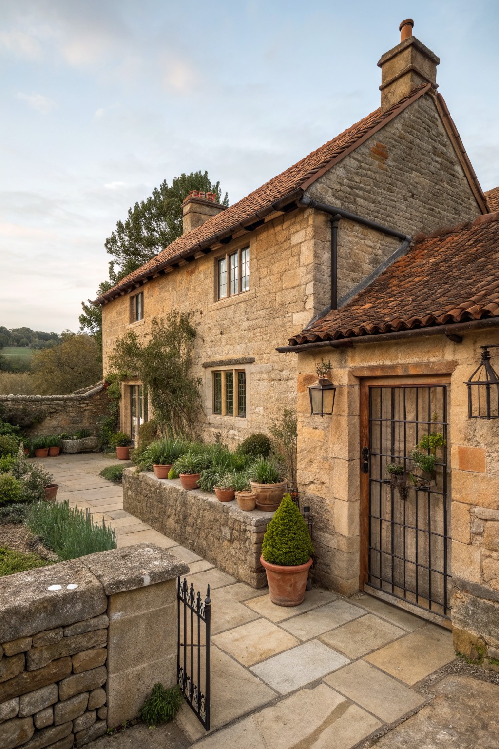 A weathered stone farmhouse exterior with a wooden door, black iron gate, and multiple terracotta pots holding green plants along the walls and courtyard.