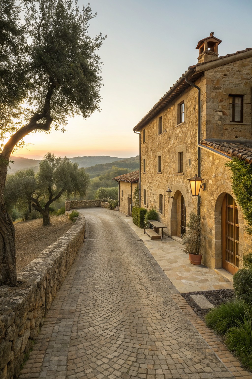 A stone farmhouse exterior with a curving cobblestone path leading to an arched wooden door and warm lantern light.