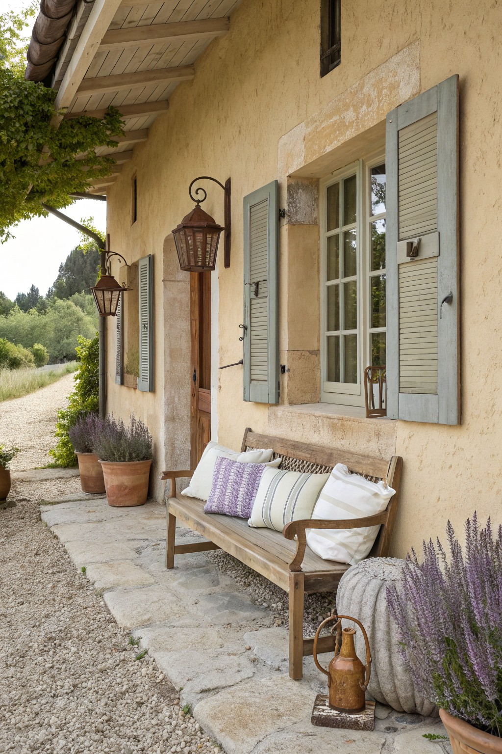 Rustic wooden bench with pillows beside shuttered window and potted lavender on stone patio.