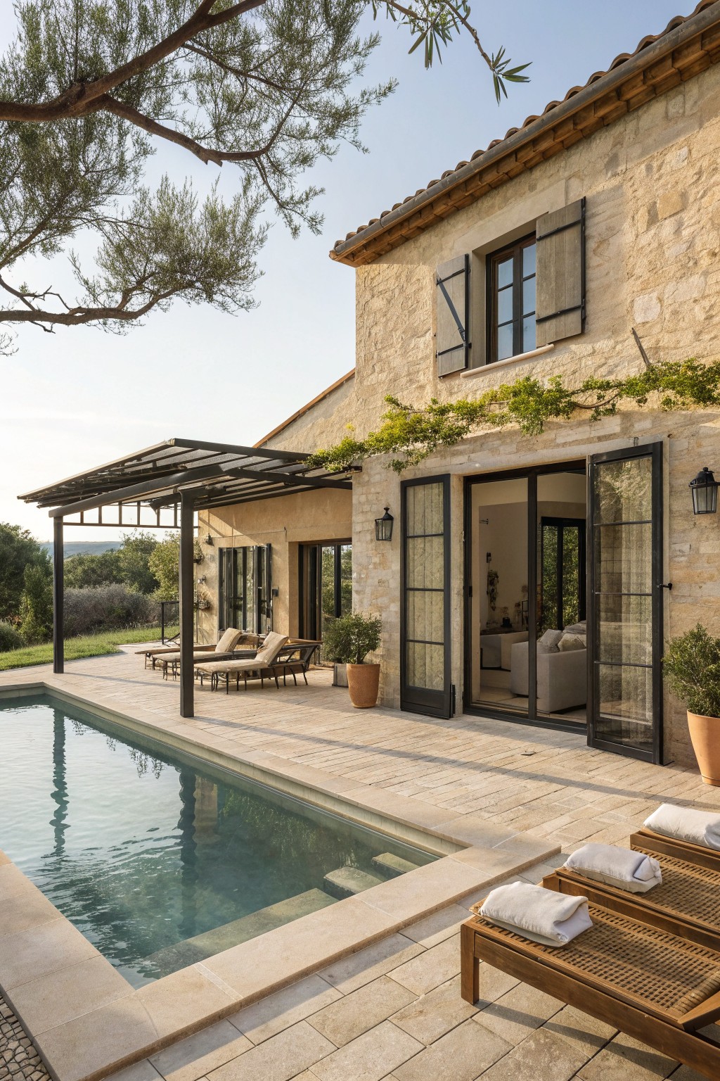 Stone villa with pool, wooden lounge chairs, open glass doors and vines