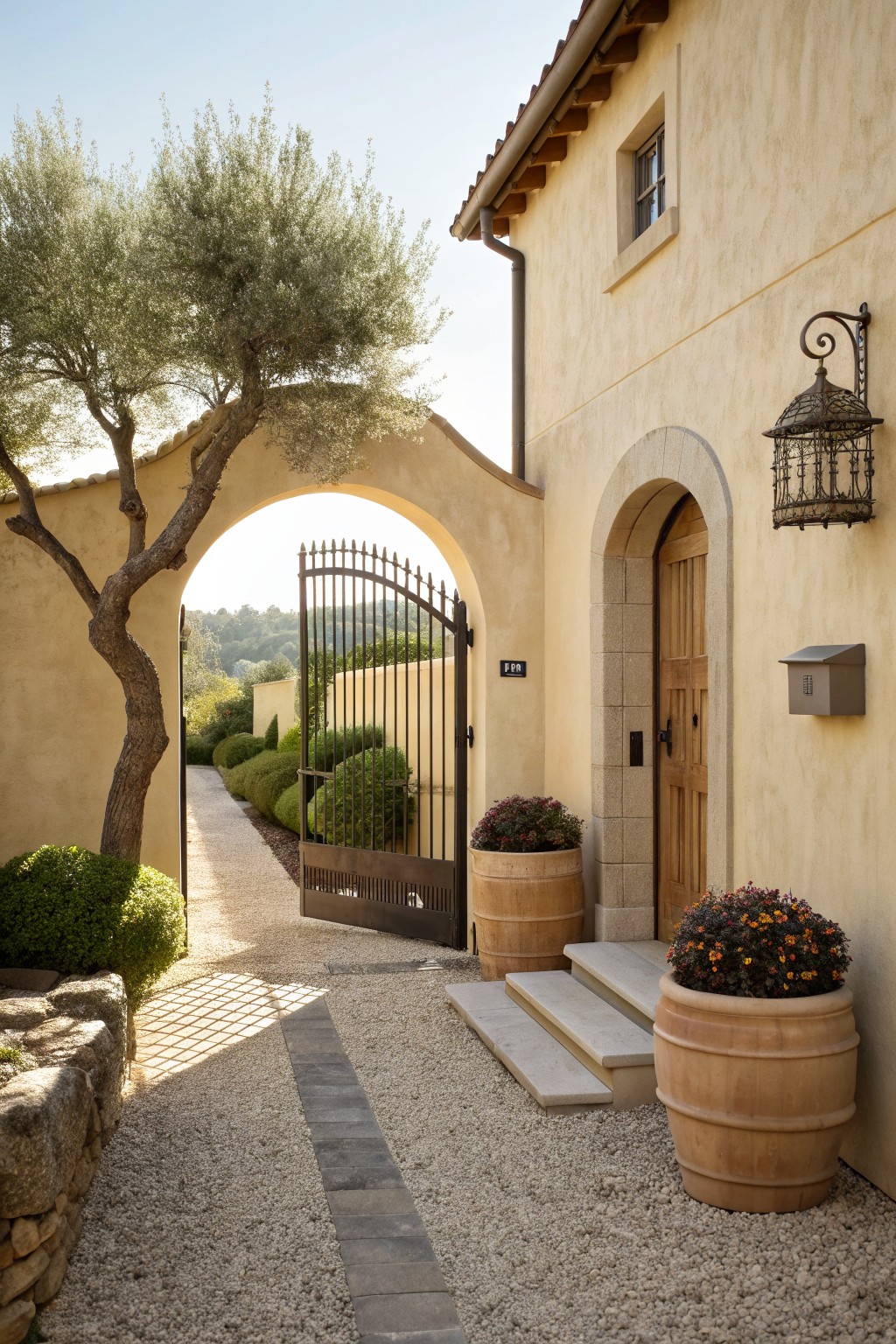A stucco house exterior with an arched gateway and open metal gate beside a wooden door, stone steps, and large terracotta pots on a gravel path.
