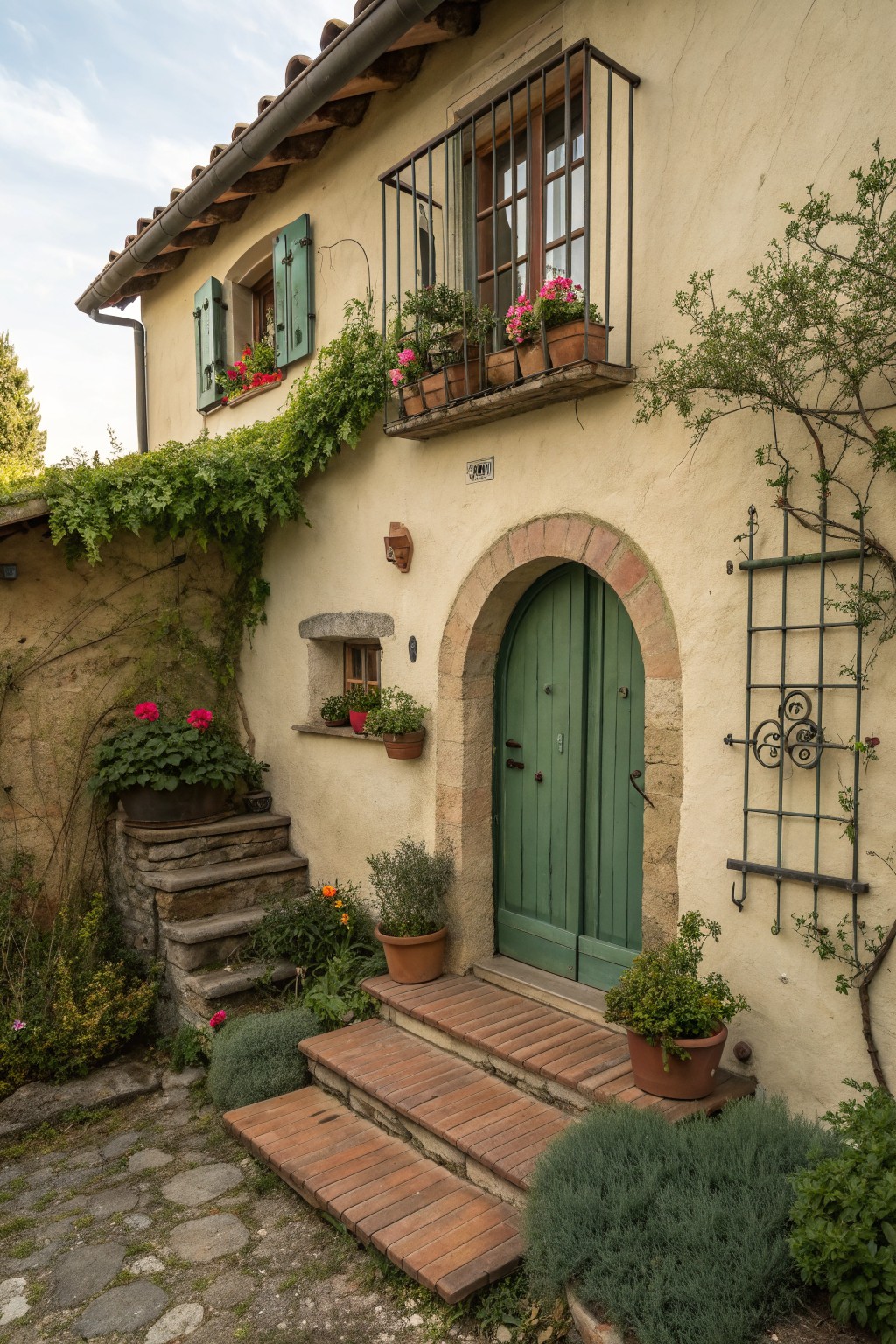 A stucco house exterior featuring a green arched wooden door, a small balcony with flower pots, stone steps, and climbing greenery on the walls.