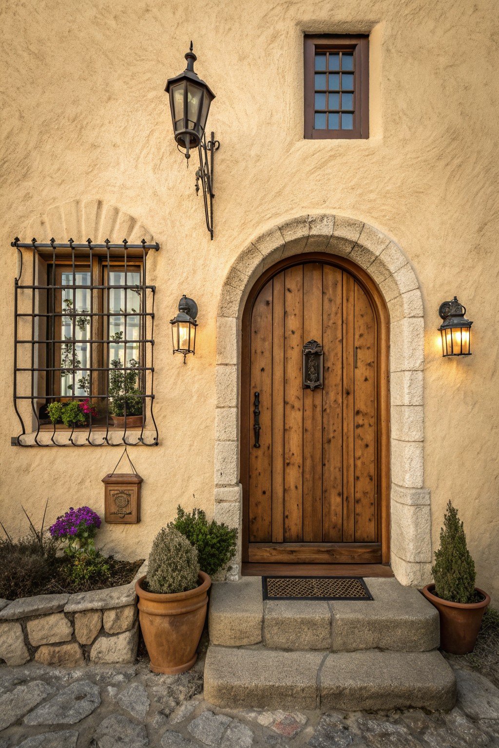 A wooden door with an arched stone surround on a stucco house exterior, flanked by lanterns and potted plants.