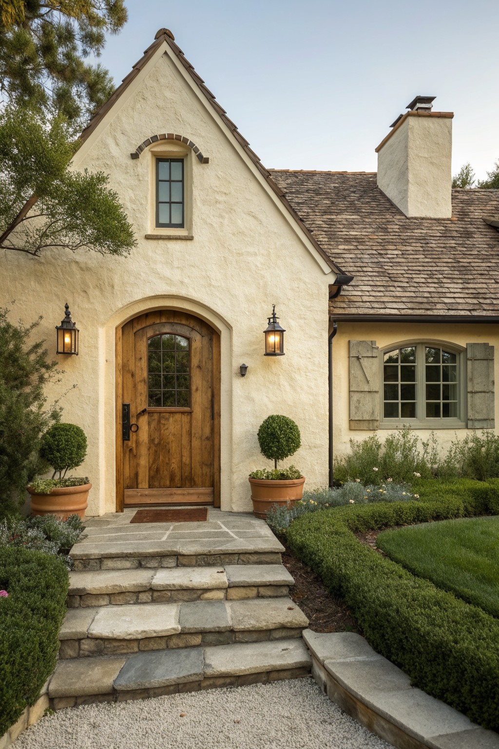 A stucco house exterior featuring an arched wooden front door, stone steps, potted shrubs, and a tiled roof with a chimney.