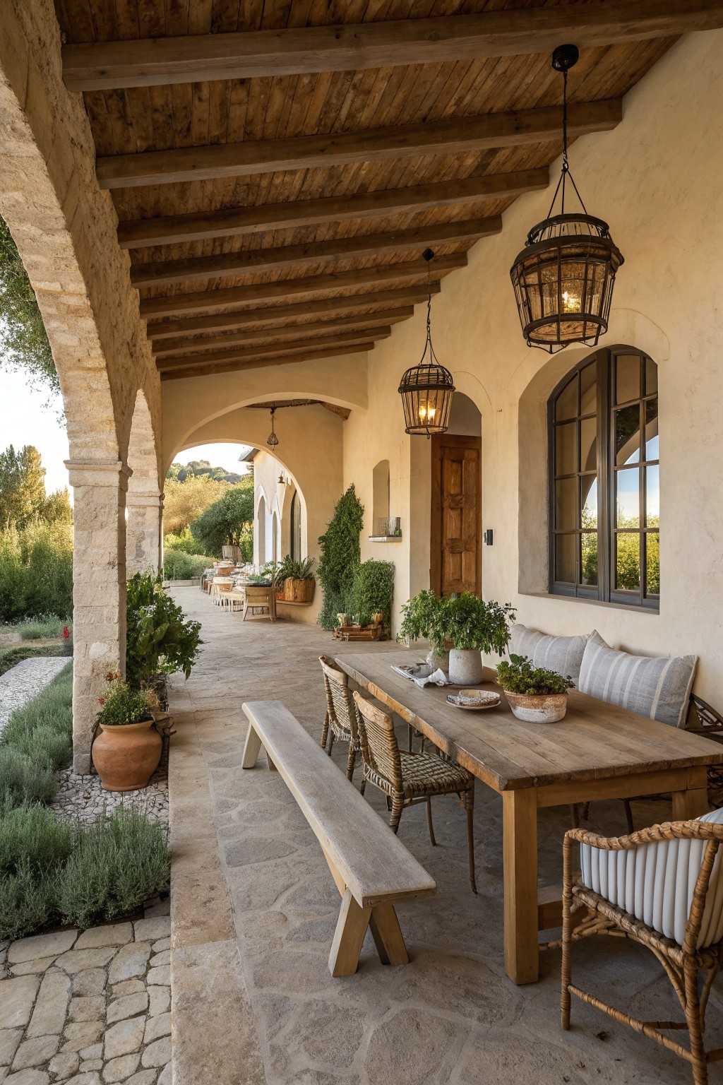 A long wooden dining table with a bench on one side and woven chairs on the other sits on a stone patio beneath a covered porch with exposed beams, hanging lanterns, and stucco walls.