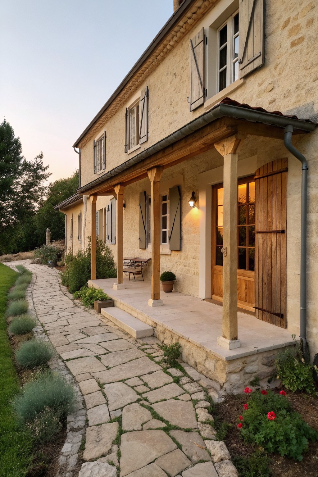 Stone house with wooden porch, shutters, and winding stone path at dusk.