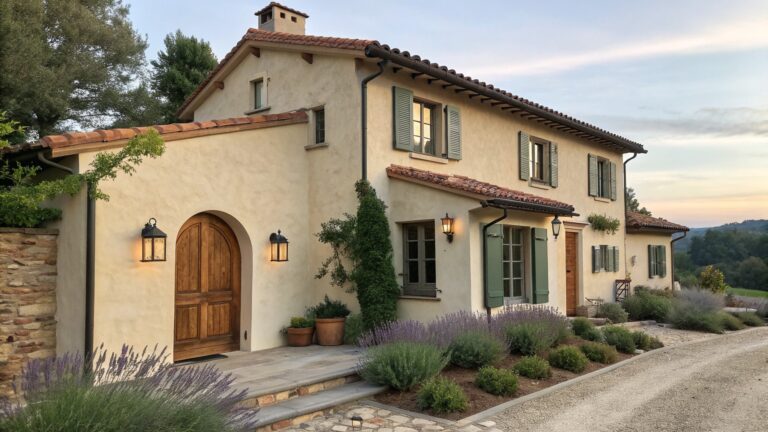 Mediterranean villa with beige stucco walls, terracotta roof, green shutters, and arched wooden doors.