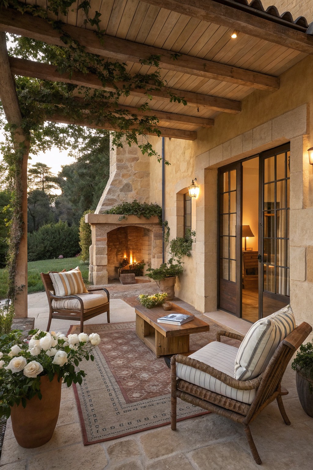 Cozy covered patio with stone fireplace, striped armchairs, wooden table, and potted roses.