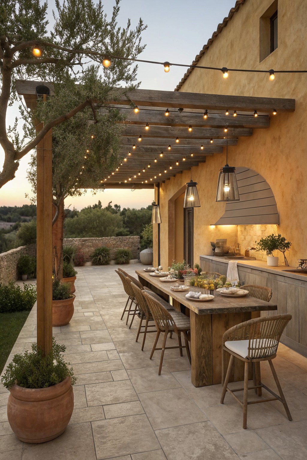 A long wooden dining table with woven chairs is positioned under a pergola strung with lights on a stone patio next to a stucco house with an outdoor kitchen counter.
