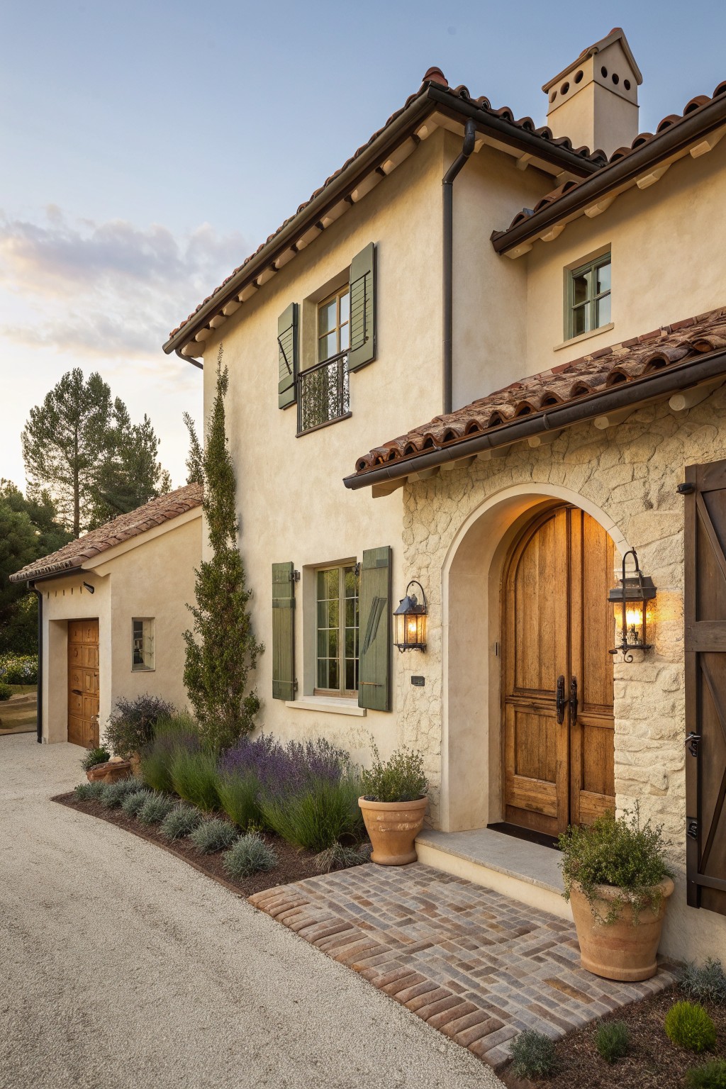 Mediterranean villa with beige stucco walls, terracotta roof, green shutters, and arched wooden doors.