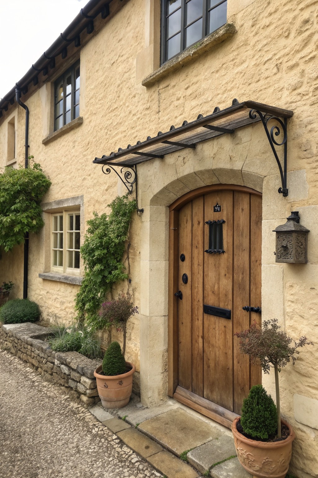 A warm stucco house exterior with a wooden front door set in a stone arch, flanked by potted plants and small windows.