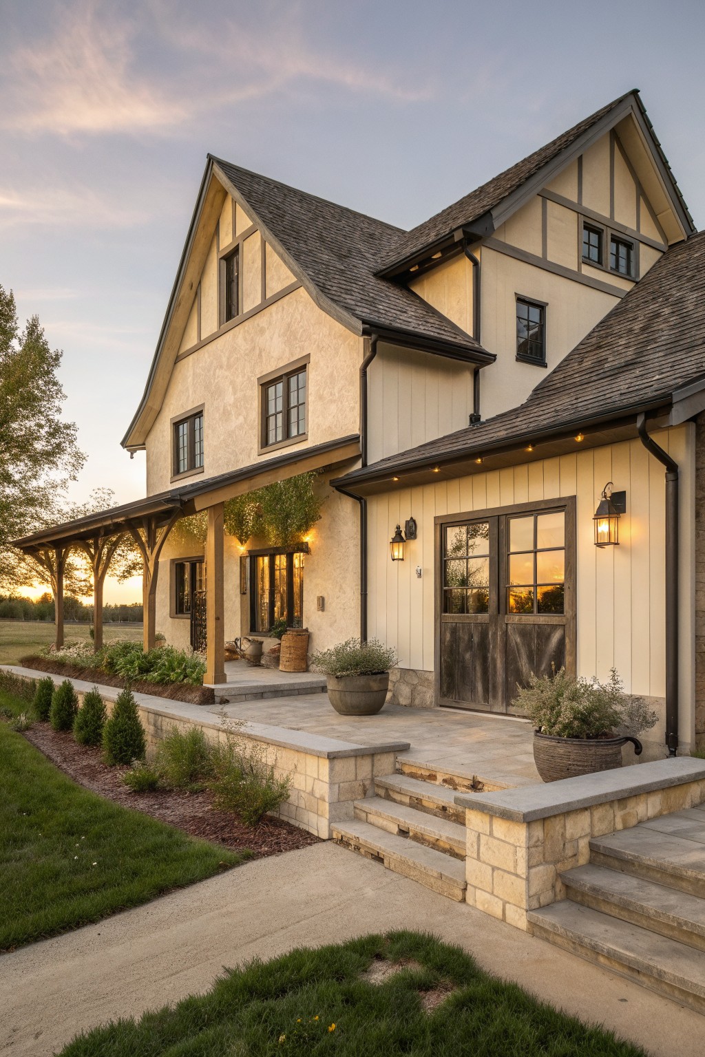 A two-story European farmhouse exterior with warm stucco walls, dark timber framing on the gables, a stone foundation, and a covered entry porch with steps.